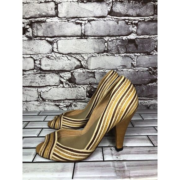 Marcello Toshi Gold Brown Stripe Fabric Peep Toe 5” High Heels Women Sz 6M US/37 - Picture 10 of 16